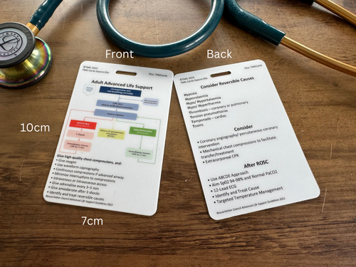 Front and Rear of Healthcare Educational Reference Card for Advanced Life Support.
Size labels are shown for 10 cm and 7 cm.
