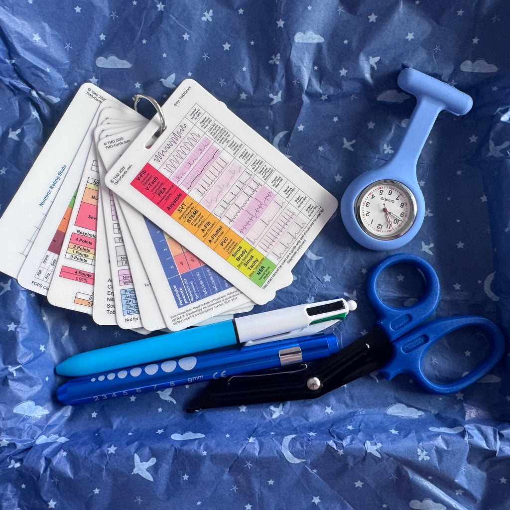 Blue Healthcare Essentials kit with Set of TMG Cards, Blue fob watch, Blue Pen Torch, Blue Scissors and 4 colour pen what has a blue and white body.