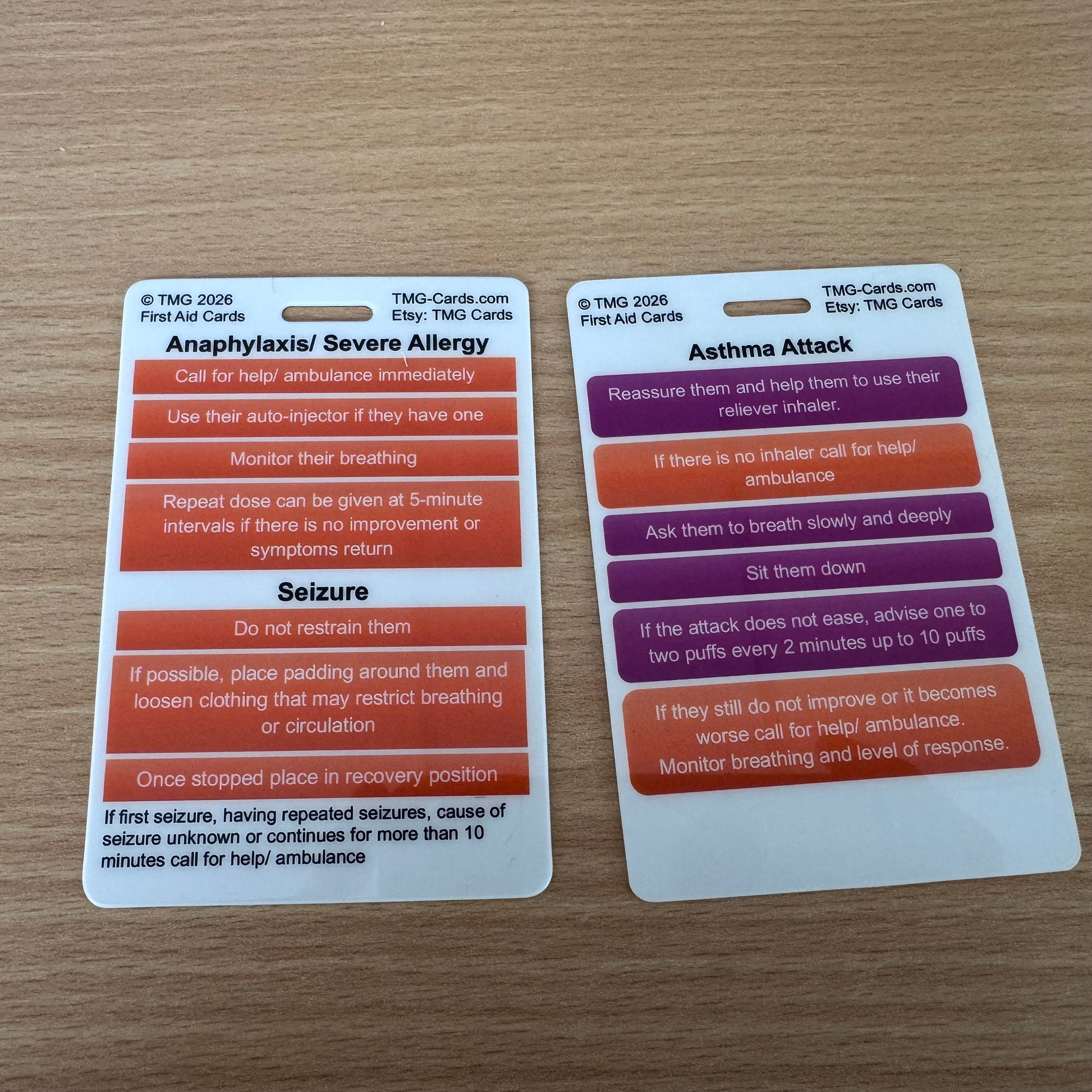 1 Double sided First Aid Emergency reference card showing information for Anaphylaxis/ Severe Allergy + Seizure on front and Asthma Attack on rear. TMG Cards