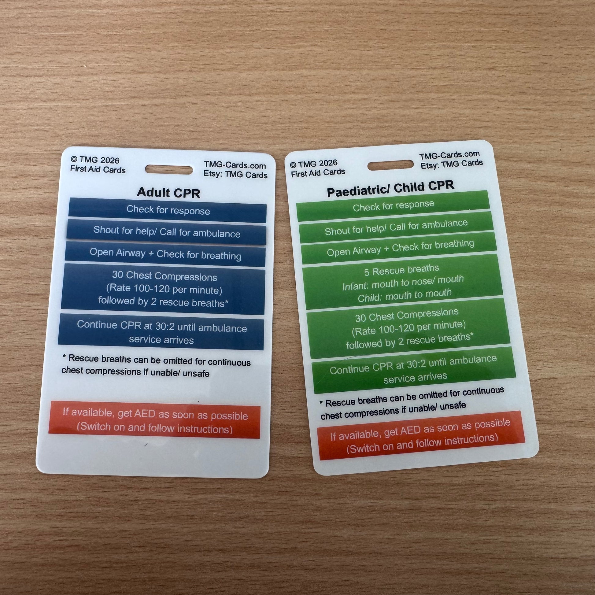 1 Double Sided First Aid Emergency reference card showing Adult and Paediatric/ Child CPR information. TMG Cards