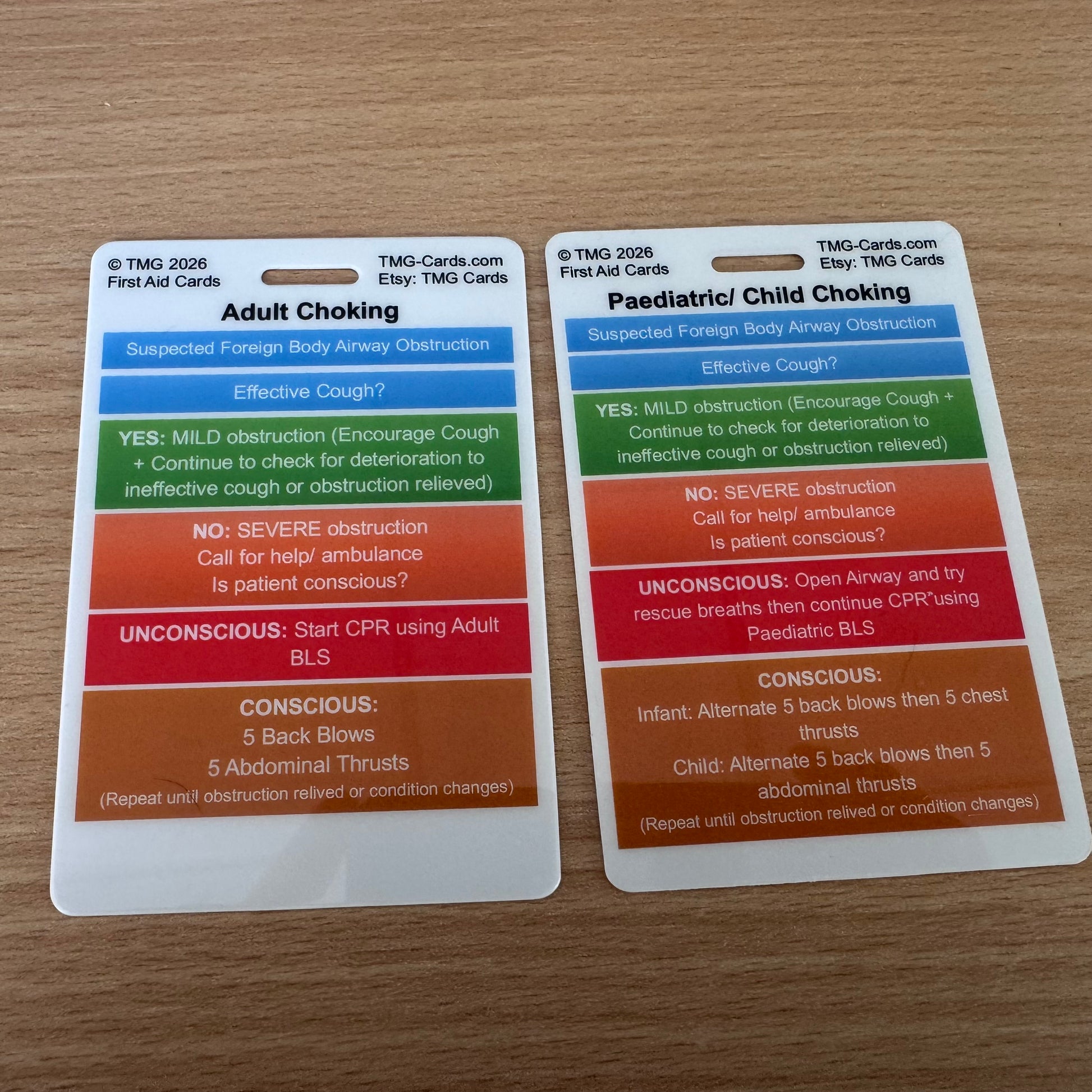 1 Double Sided First Aid Emergency reference card showing Adult and Paediatric/ Child Choking information. TMG Cards