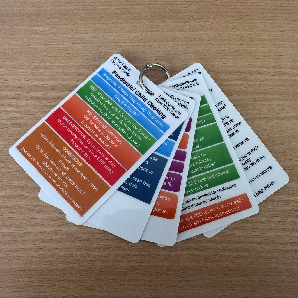 Set of 5 First Aid Emergency reference cards connected with binder ring.