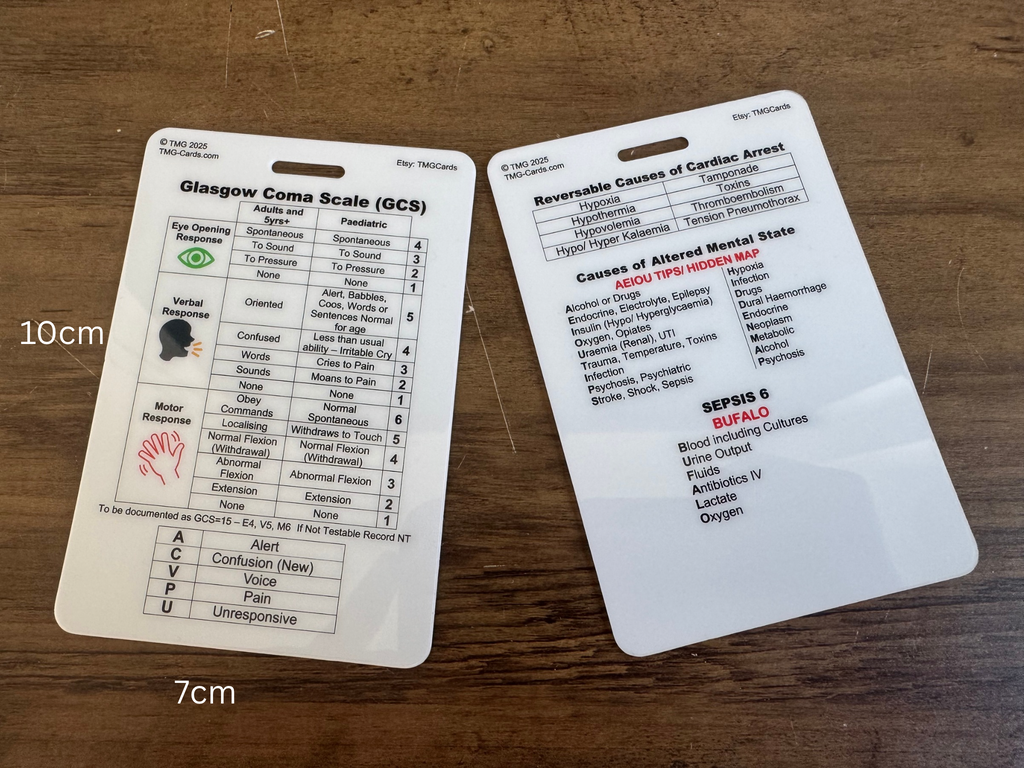 Front and rear of the Glasgow Coma Scale (GCS) assessment tool card, displayed on a dark wood surface with dimension markers indicating 10cm width and 7cm height.
The front is showing Glasgow Coma Scale and ACVPU. The rear shows Reversible Causes of cardiac arrest, causes of altered mental state and Sepsis 6. TMG Cards