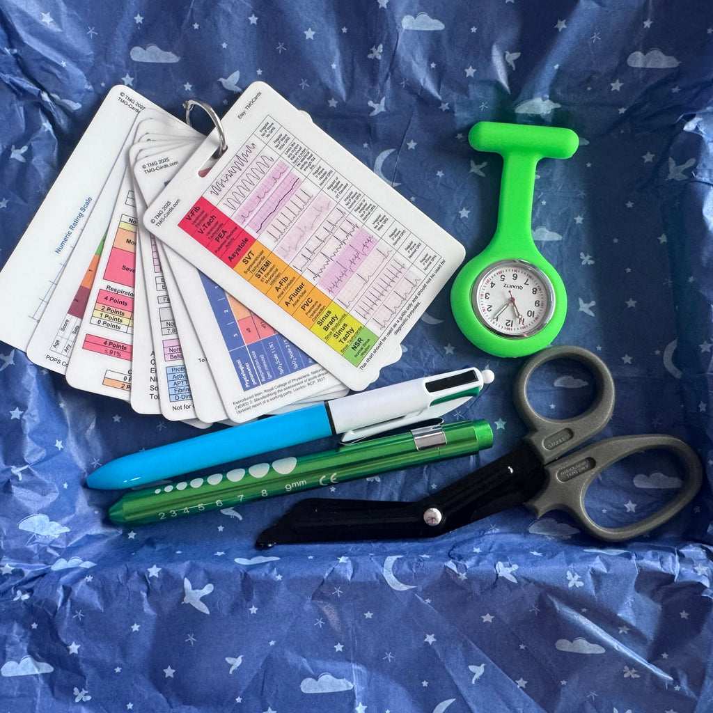 Green Healthcare Essentials kit with Set of TMG Cards, Green fob watch, Green Pen Torch, Green Scissors and 4 colour pen what has a blue and white body.