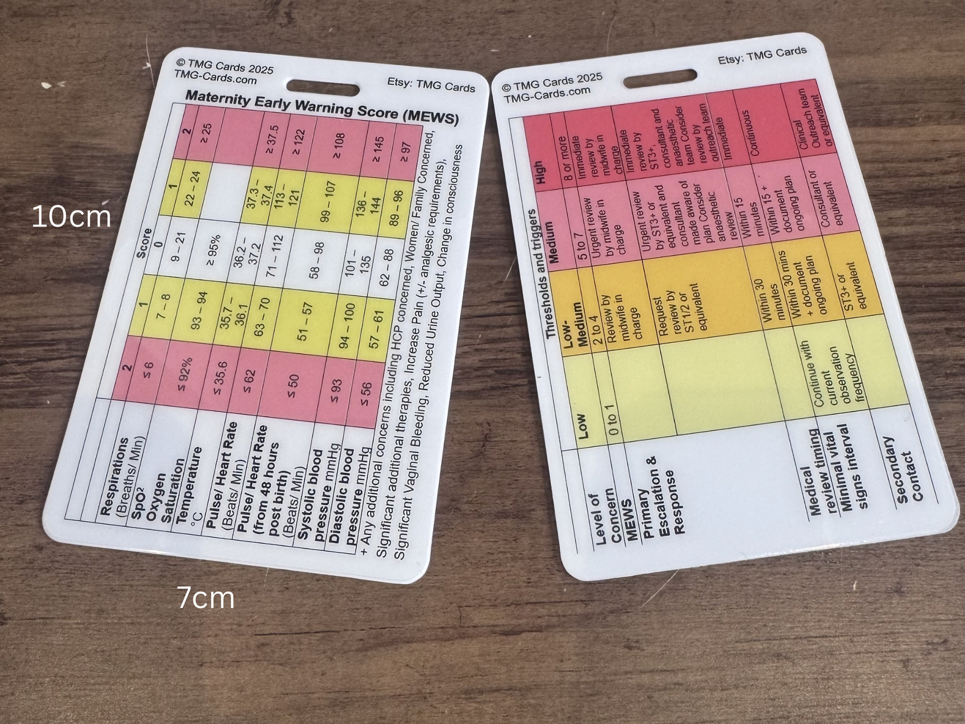 Front and Rear of Maternity Eary Warning Score (MEWS) Healthcare Educational Reference Card. Maternity Observations.
Size labels are shown for 10 cm and 7 cm.