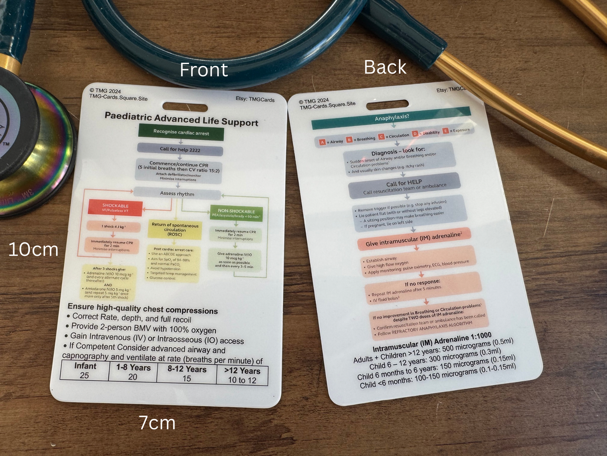 Front and Rear of Healthcare Educational Reference Card Paediatric Advanced Life Support (P-ALS) on Front and Anaphylaxis on rear.
Size labels are shown for 10 cm and 7 cm.