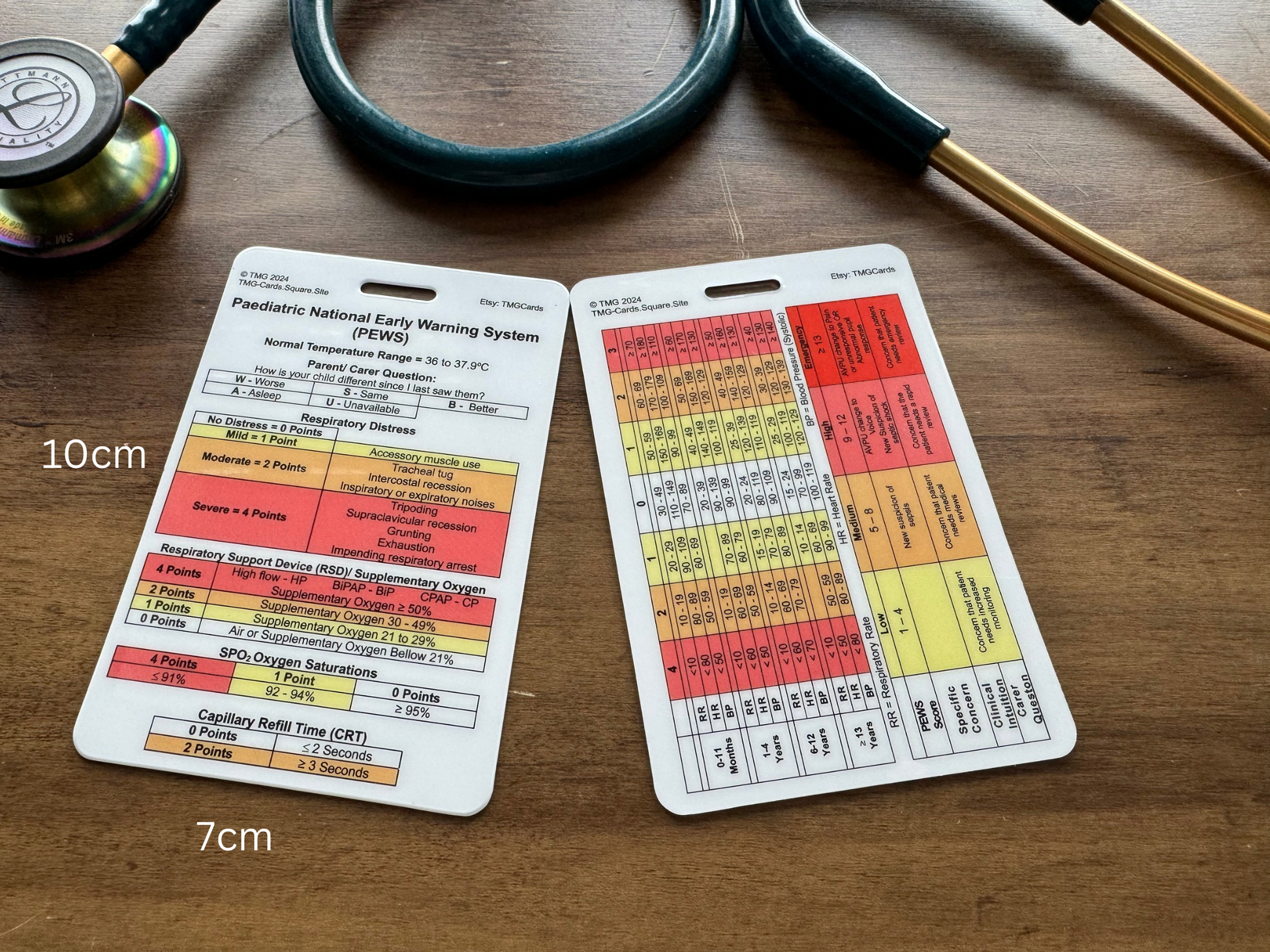 Front and rear of the PEWS (Paediatric National Early Warning Score - Paediatric/ Child Observations) card laid on a wooden surface, with a stethoscope partially visible at the top. White measurement text overlays indicate 10cm and 7cm.
The card shows the PEWS Scoring criteria and Score details for ages 0-11 months, 1-4 years, 6-12 years and 13+ years. TMG Cards