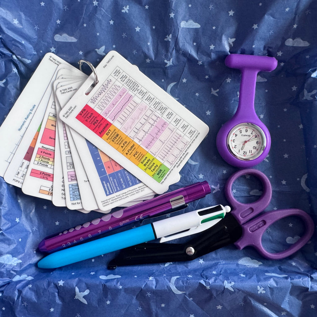 Purple Healthcare Essentials kit with Set of TMG Cards, Purple fob watch, Purple Pen Torch, Purple Scissors and 4 colour pen what has a blue and white body.