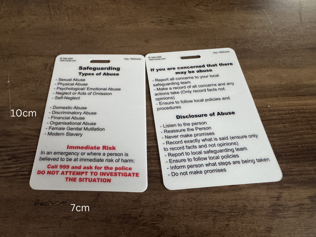 Double sided safeguarding card covering types of abuse, immediate risk, and disclosure of abuse.
Size labels are shown for 10 cm and 7 cm.