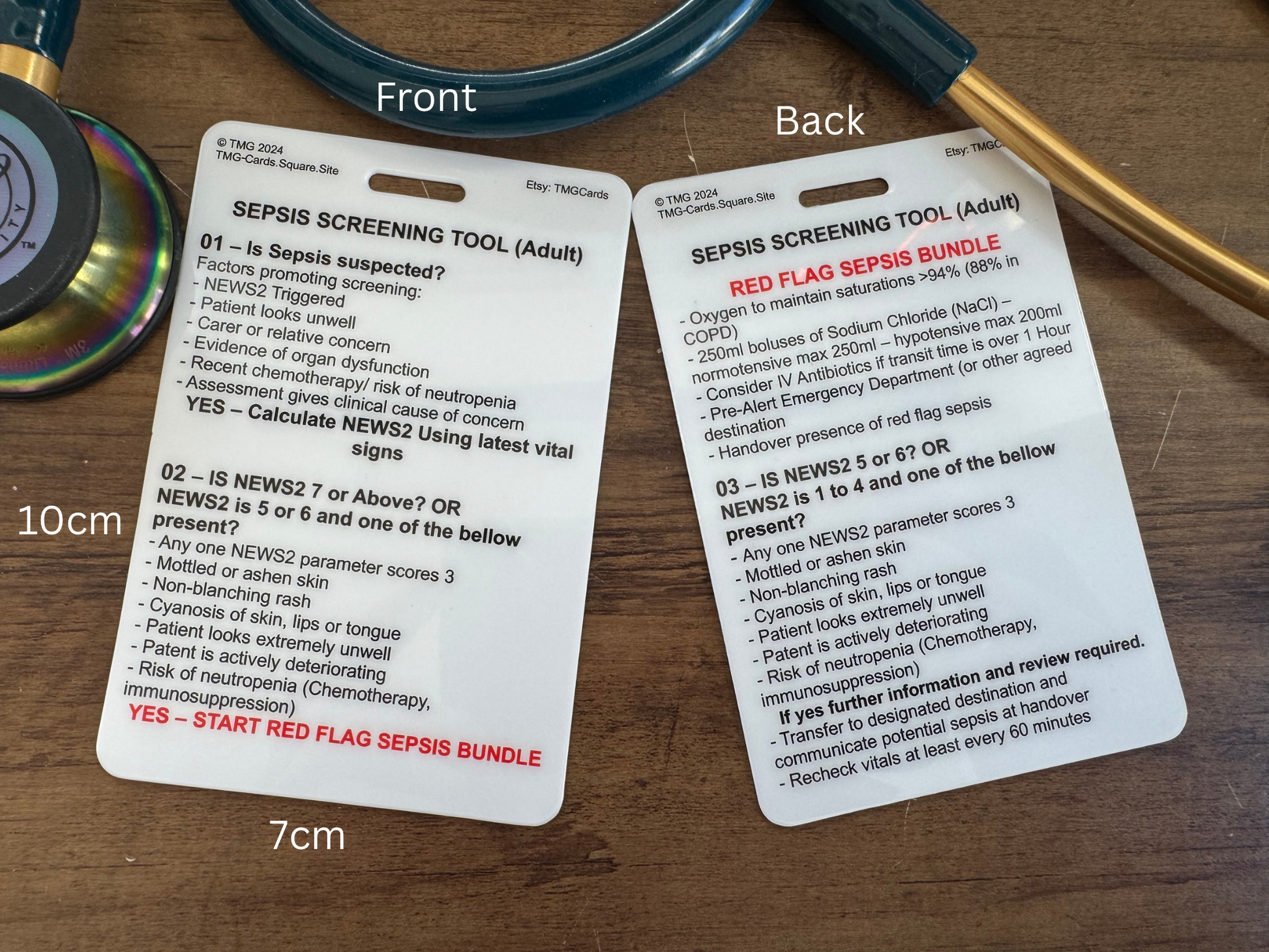 Front and Rear of Healthcare Educational Reference Card for Sepsis Screening Tool Adult.
Size labels are shown for 10 cm and 7 cm.