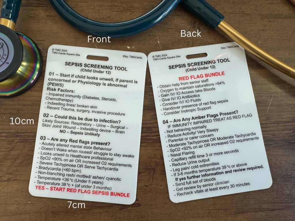 Front and Rear of Healthcare Educational Reference Card for Sepsis Screening Tool Child Under 12/ Paediatrics. 
Size labels are shown for 10 cm and 7 cm.