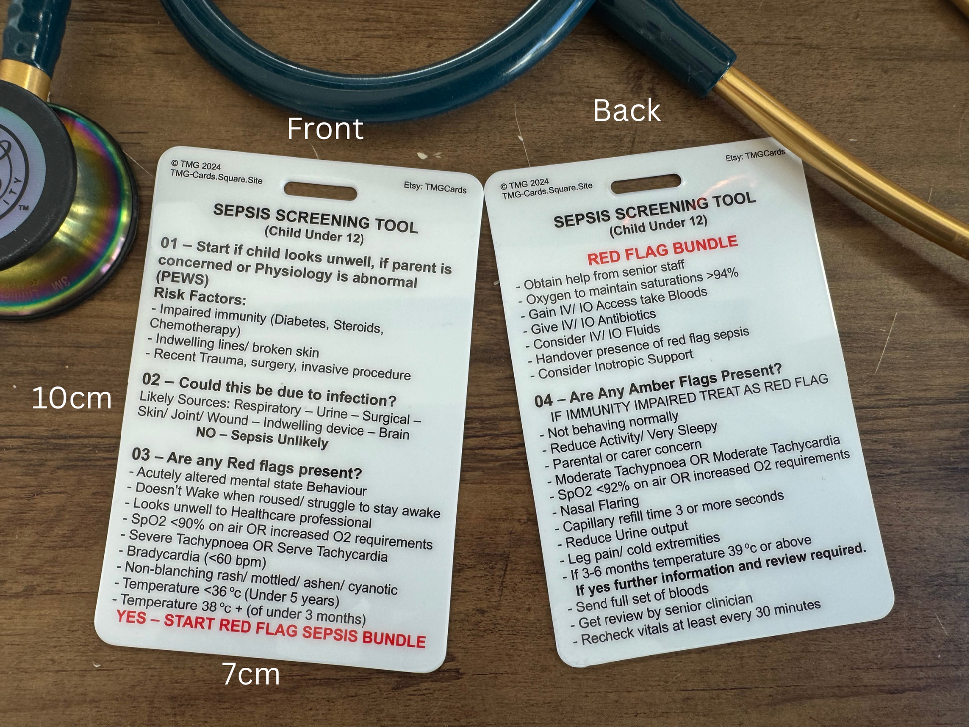 Front and Rear of Healthcare Educational Reference Card for Sepsis Screening Tool Child Under 12/ Paediatrics. 
Size labels are shown for 10 cm and 7 cm.