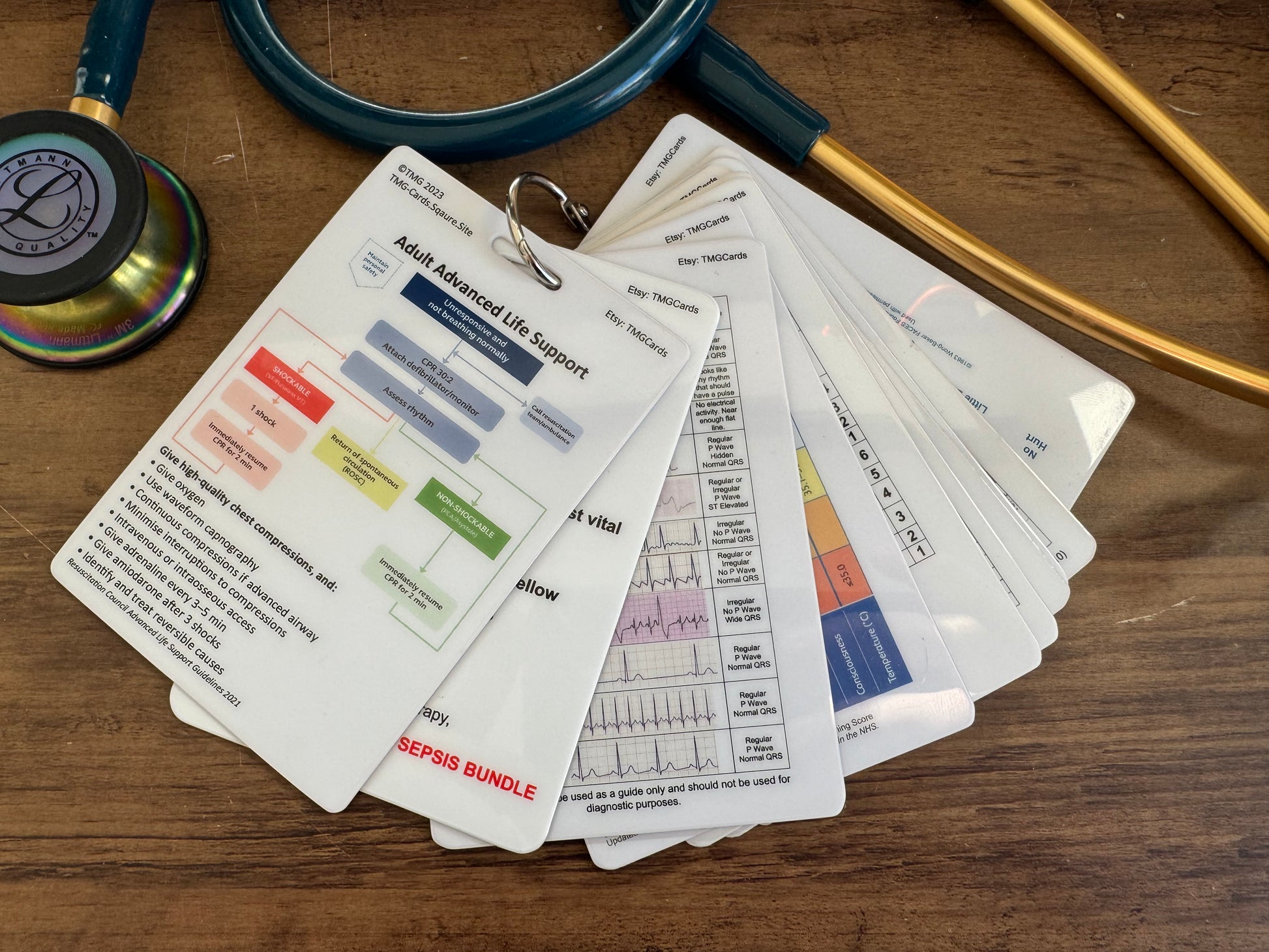 Set of healthcare educational reference cards on a wooden desk with stethoscope visible. Cards visible include Adult ALS, Sepsis Adult, ECG, NEWS with other cards also in the picture but not fully visible due to the cards being fanned out connected with binder ring.
