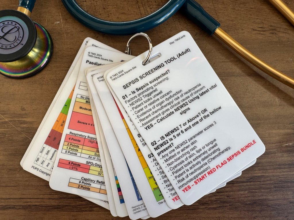 Set of 10 Healthcare, Nursing, Medical Educational Pocket Cards including Adult + Child Sepsis Screening Tool
