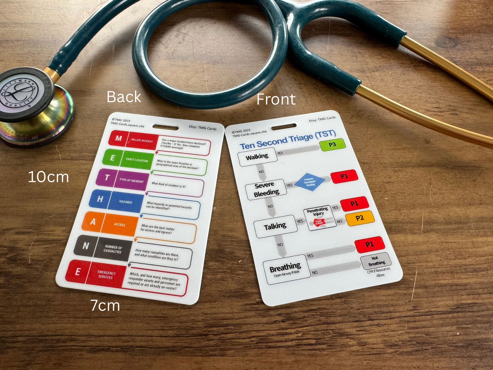Front and Rear of TST - Ten Second Triage (Front) and METHANE Major incident card. Size labels are shown for 10cm and 7cm.